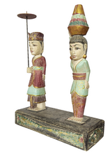 Home Decor. Tabletop Vintage Sculptures. Hand Carved and Painted Wooden Figures on a rustic base - Melasti, a Hindu Ceremony.