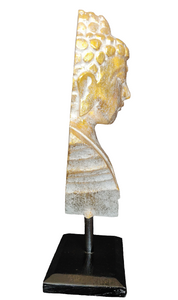 Home Decor. Tabletop Idol. Handcrafted Wooden Serene Meditating Buddha Bust On a Rustic Stand.