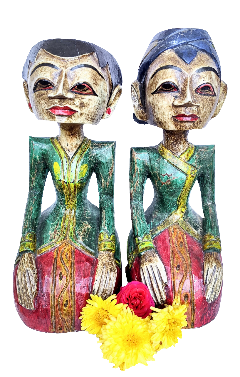 HOME DECOR - TABLETOP FIGURINES - Vintage set of two handcrafted wooden Javanese style Loro Blonyo wedding figures.
