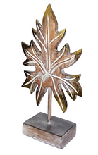 Home Decor: Tabletop Showpiece. Wooden Leaf Sculpture, "Papaya Leaf" on a stand.