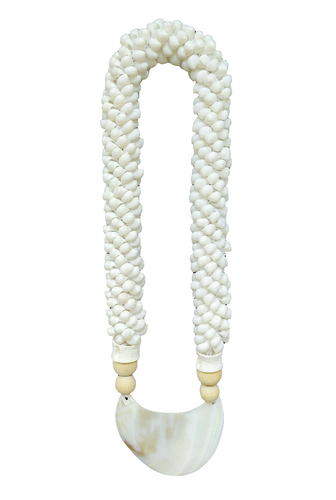 Home Decor - Wall Accent. Mother Of Pearl Crescent Necklace with Shells and Wooden Beads.