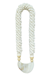 Home Decor - Wall Accent. Mother Of Pearl Crescent Necklace with Shells and Wooden Beads.