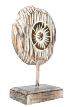 Table Decoration. Decorative hand carved wooden floral disc on stand.