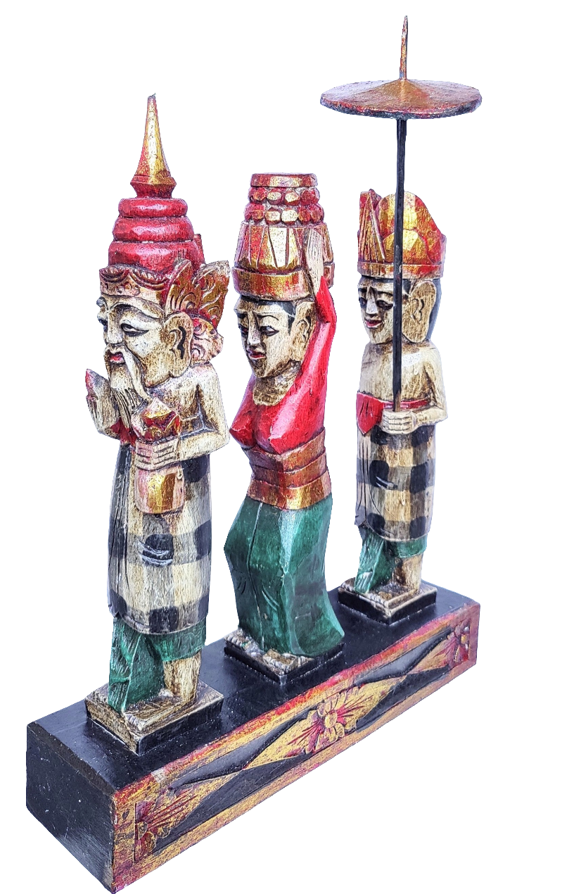 Home Decor. Tabletop Sculpture. Hand Carved and Painted Solid Wooden Figures on a Floral Pedestal - Melasti, a Hindu Ceremony.