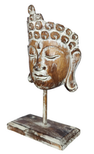 Home Decor Showpiece. 
Wooden Buddha Mask Sculpture on Stand Carved by Hand, "Inspiring Buddha" .