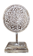 Home Decor: Tabletop Showpiece. Carved Wooden Disc Tribal Design Decor On Stand.
