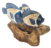 Home Decor. Tabletop Showpiece. Hand Carved Wooden Fish Statuettes Swimming on Driftwood.