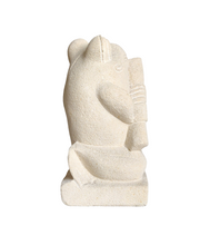 TABLETOP / GARDEN DECOR / FIGURINE: Handcrafted Cute Frog Sculpture in sandstone playing the flute.