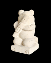 TABLETOP / GARDEN DECOR / FIGURINE: Handcrafted Cute Frog Sculpture in sandstone playing the flute.