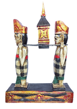Home Decor. Tabletop Sculpture. Hand Carved and Painted Solid Wooden Figures on a Floral Pedestal - Melasti, a Hindu Ceremony.
