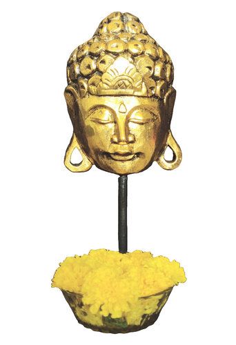 Home Decor Showpiece. Wooden Buddha Mask Sculpture on Stand Carved by Hand, 