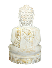 Home Decor Idol: Lord Buddha in wood seated and meditating on a floral pedestal.