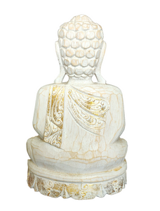 Home Decor Idol: Lord Buddha in wood seated and meditating on a floral pedestal.