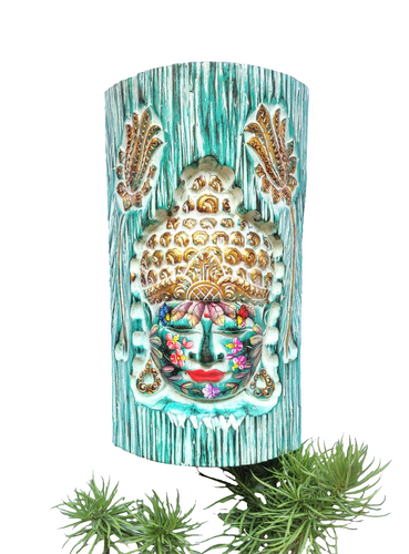 Home Decor. Wall - Table Ornament. Wooden Buddha Face Carved in a Log with Colourful Floral Design.