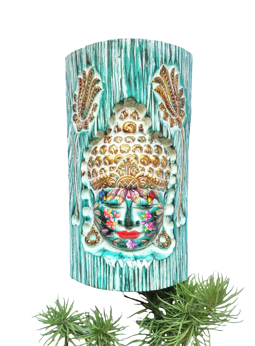 Home Decor. Wall - Table Ornament. Wooden Buddha Face Carved in a Log with Colourful Floral Design.