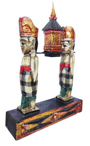 Home Decor. Tabletop Sculpture. Hand Carved and Painted Solid Wooden Figures on a Floral Pedestal - Melasti, a Hindu Ceremony.