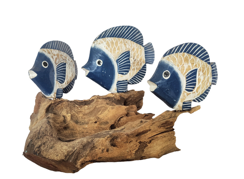 Home Decor. Tabletop Showpiece. Hand Carved Wooden Fish Statuettes Swimming on Driftwood.