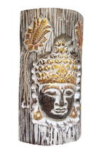 Home Decor. Wall - Table Decor. Contemporary Wooden Buddha Face Carved in a Log with Colourful Floral Design.