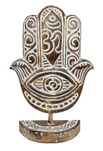 Home Decor. Table Accent. Carved and Hand Painted, Wooden Hamsa Hand Statue.