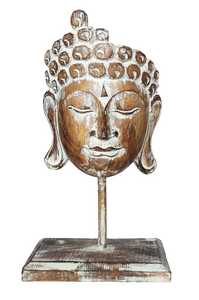 Home Decor Showpiece. 
Wooden Buddha Mask Sculpture on Stand Carved by Hand, "Inspiring Buddha" .