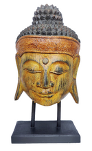 Home Decor Showpiece. Hand-carved Wood Face Sculpture with Stand, "Buddha's Golden Peace".