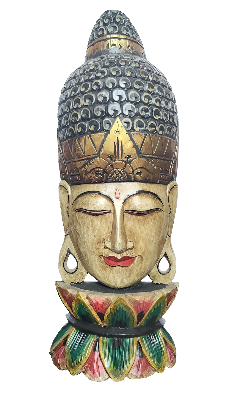 Table / Wall / Floor Decor. Beautiful Handcrafted and Hand Painted Buddha Mask on a Double Lotus Pedestal. Height 2.9 ft.