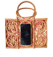 Handbags: Star Themed Large Top Handle, Hand - Woven Natural Rattan Tote Bag.
