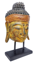 Home Decor Showpiece. Hand-carved Wood Face Sculpture with Stand, "Buddha's Golden Peace".