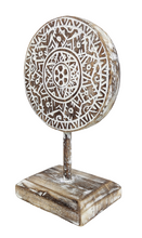 Home Decor: Tabletop Showpiece. Carved Wooden Disc Tribal Design Decor On Stand.