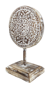 Home Decor: Tabletop Showpiece. Carved Wooden Disc Tribal Design Decor On Stand.