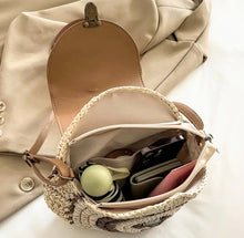 Women's Handbag: Handwoven Straw Sling / Crossbody Shoulder Bag with Floral flap and Adjustable strap.