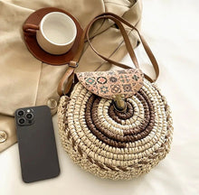 Women's Handbag: Handwoven Straw Sling / Crossbody Shoulder Bag with Floral flap and Adjustable strap.