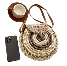 Women's Handbag: Handwoven Straw Sling / Crossbody Shoulder Bag with Floral flap and Adjustable strap.