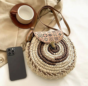 Women's Handbag: Handwoven Straw Sling / Crossbody Shoulder Bag with Floral flap and Adjustable strap.