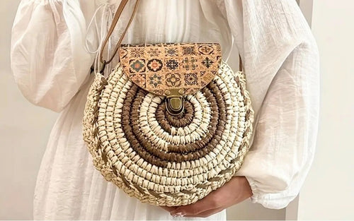 Women's Handbag: Handwoven Straw Sling / Crossbody Shoulder Bag with Floral flap and Adjustable strap.