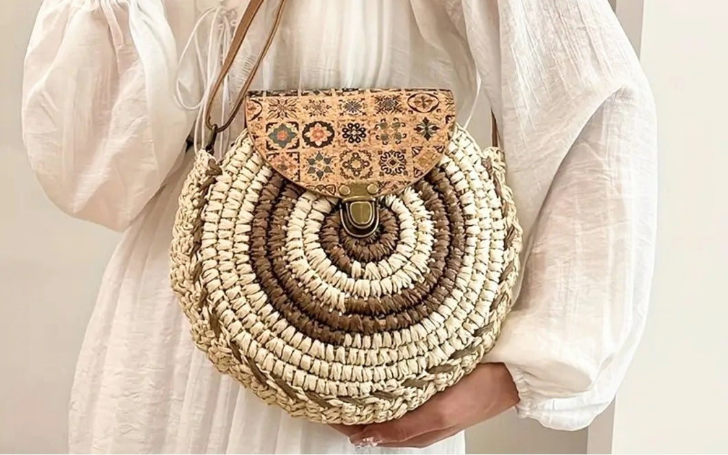 Women's Handbag: Handwoven Straw Sling / Crossbody Shoulder Bag with Floral flap and Adjustable strap.