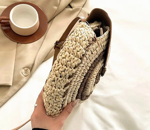 Women's Handbag: Handwoven Straw Sling / Crossbody Shoulder Bag with Floral flap and Adjustable strap.