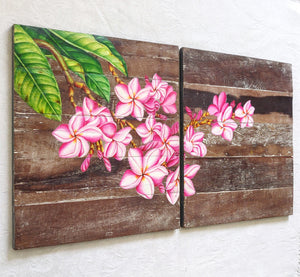 Home Decor: EXQUISITE WALL HANGING DECOR: Beautiful Hand Painted Frangipani Flowers on a pair of Wooden panels.