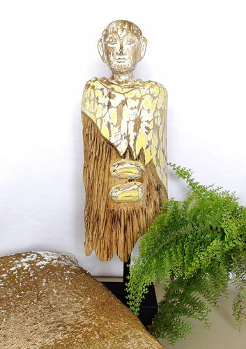 Home Decor. Tabletop Sculpture. Contemporary Serene Buddhist Monk Wooden Statue mounted on a rustic wooden base. Height 2.2 feet.
