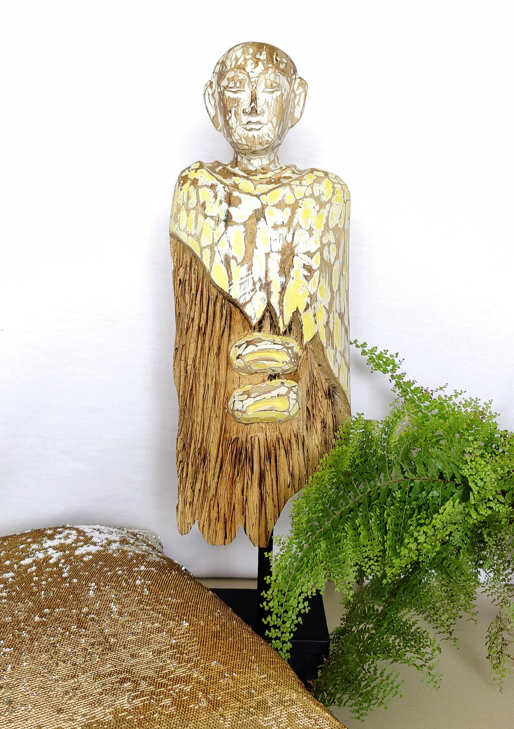 Home Decor. Tabletop Sculpture. Contemporary Serene Buddhist Monk Wooden Statue mounted on a rustic wooden base. Height 2.2 feet.