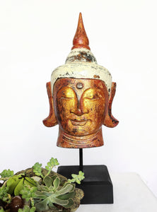 Home Decor. Tabletop Idol.
Handcrafted Wooden Serene Peaceful Meditating Buddha Head On a Rustic Stand.