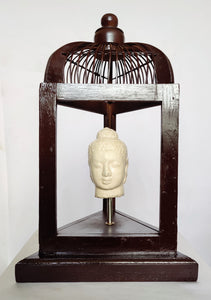 Home Decor: Unique Meditating Buddha Stone Bust Mounted in a open Bird Cage Frame.