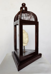 Home Decor: Unique Meditating Buddha Stone Bust Mounted in a open Bird Cage Frame.