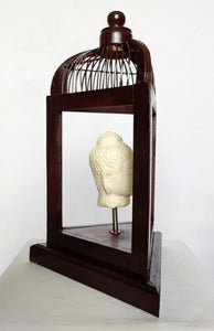 Home Decor: Unique Meditating Buddha Stone Bust Mounted in a open Bird Cage Frame.