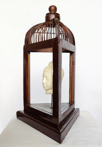 Home Decor: Unique Meditating Buddha Stone Bust Mounted in a open Bird Cage Frame.