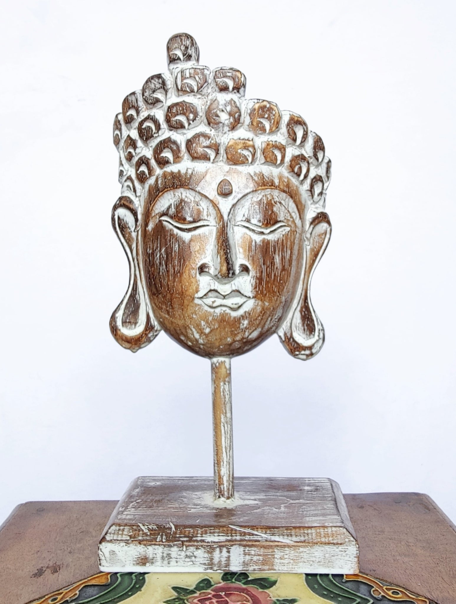 Home Decor Showpiece. Wooden Buddha Mask Sculpture on Stand Carved ...