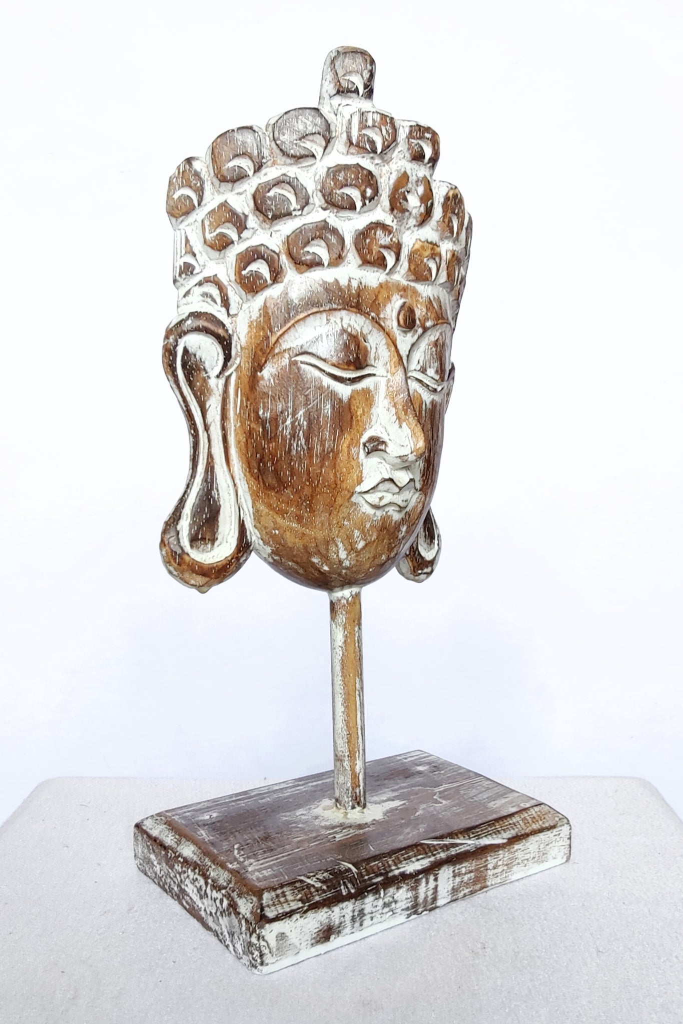 Home Decor Showpiece. Wooden Buddha Mask Sculpture on Stand Carved ...