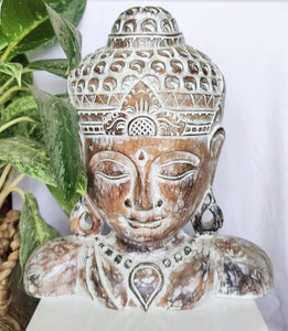 Home Decor. Tabletop Accent. Beautiful and Serene Handcrafted and Painted Wooden Buddha Bust.