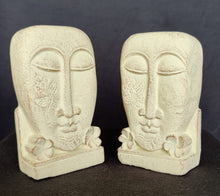 Home Decor. Table - Garden Accents. Pair of Hand Carved stone Face Sculptures with floral design, "Harum Couple".