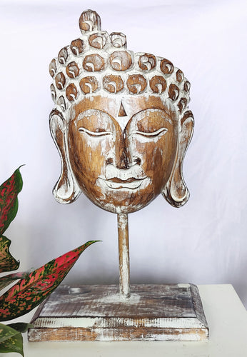Home Decor Showpiece. 
Wooden Buddha Mask Sculpture on Stand Carved by Hand, 
